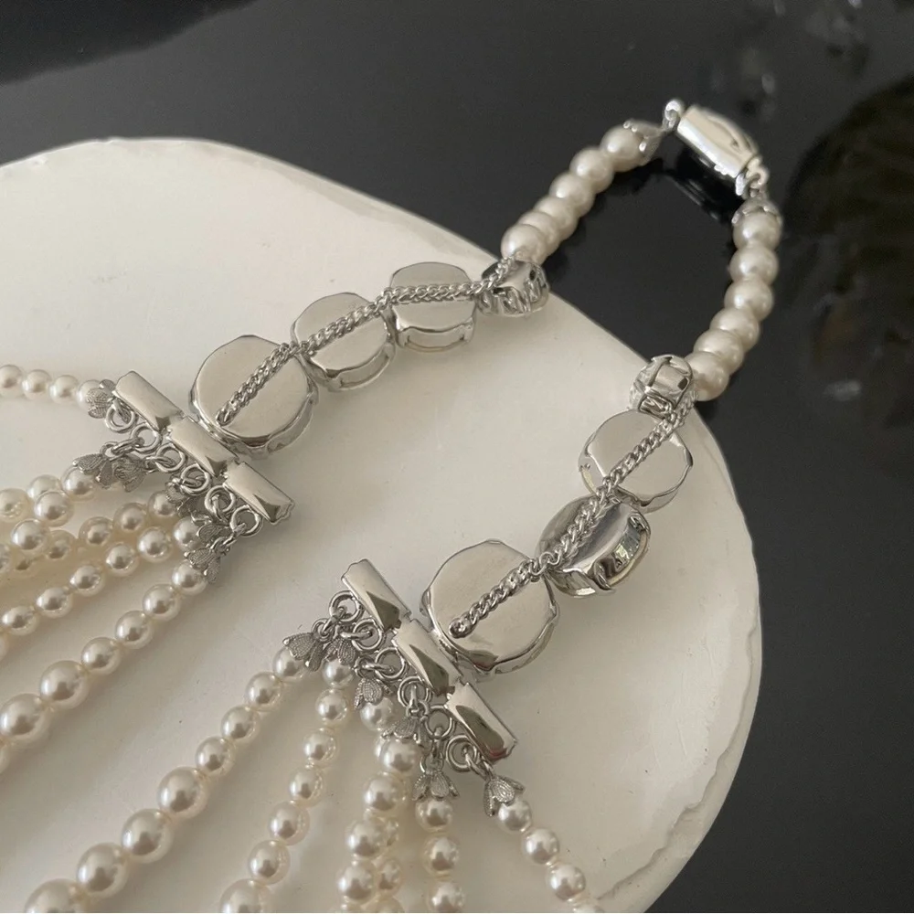 Alessandra Rich Ivory Pearl Multi-Strand Necklace with Crystal Drop